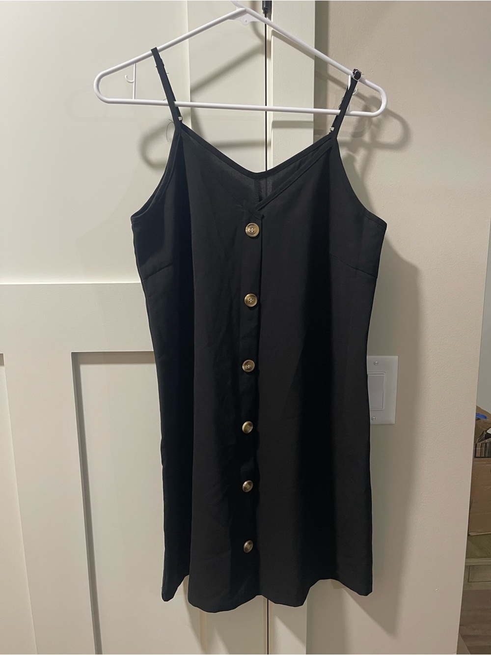 Black Button-Front Slip Dress with Spaghetti Straps